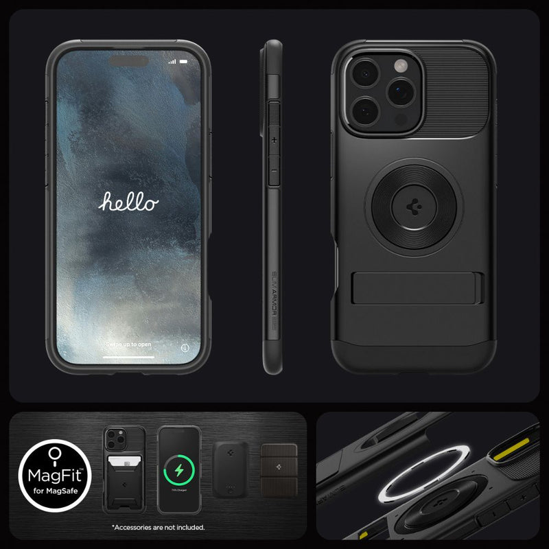 Spigen Slim Armor MagFit Case for iPhone 16 Pro /16 Pro Max - Black [C] -  كفر حماية عالية  - ستاند + ماغ سيف