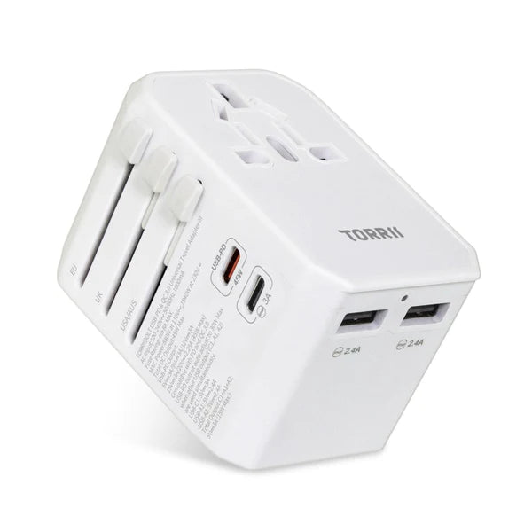 TorriiBolt USB-PD & QC 3.0 Universal Travel Adapter III - White - شاحن حائط دولي - توري - 4 فتحات للشحن الذكي والسريع - 2 تايب سي + 2 يو اس بي - قوة 45 واط - كفالة 24 شهر