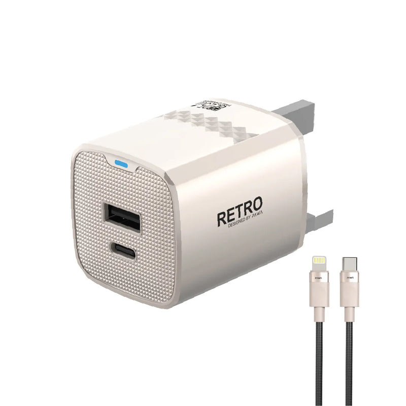 Retro 25W PD+QC UK Charger With USB-C to Lightning Cable - بلاك شاحن حائط + سلك شحن ايفون - 25 واط - باوا - كفالة 12 شهر