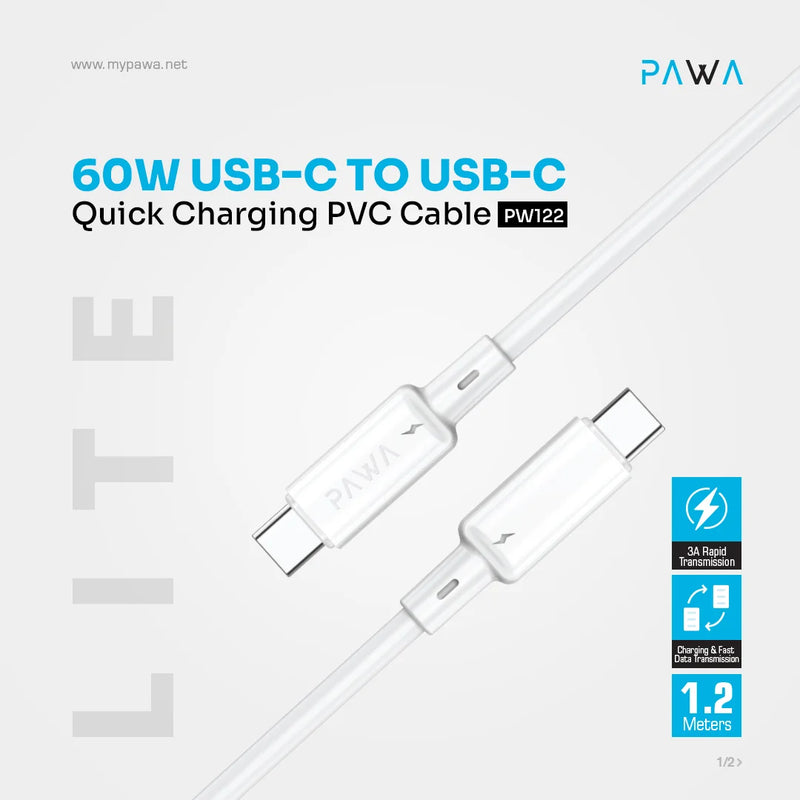 Pawa 3A USB-C TO USB-C Quick Charging PVC Cable PW122 - White -  سلك شحن - باوا - تايب سي الي  تايب سي - طول 1.2 متر - قوة 60 واط - كفالة 12 شهر