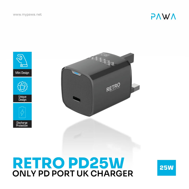 Retro PD25W Only PD Port UK Charger [O] - شاحن حائط - قوة 25 واط - منفذ تايب سي  للشحن السريع  كفالة 12 شهر