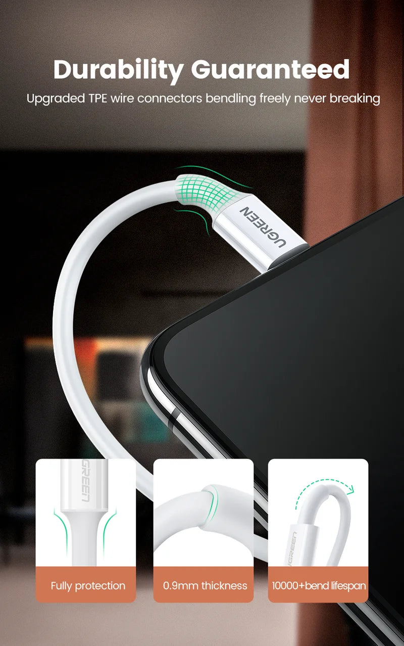 UGREEN USB-A Male to Lightning Male Cable Nickel Plating ABS Shell 1m (Black) - [O] - سلك شحن - يوجرين - يو اس بي ايفون - كفالة 12 شهر