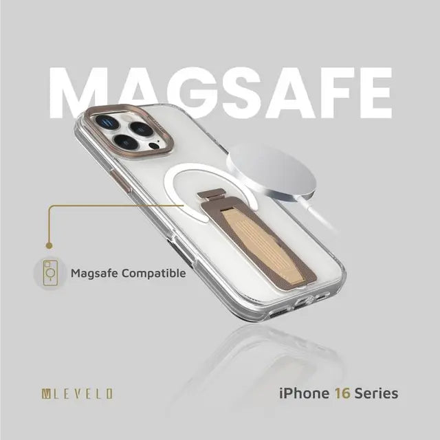 Levelo Morphix Magsafe Grip Case for iPhone 16 ProMax/Pro - Rose Gold Titanium - كفر حماية عالية - ليفيلو - مع مسكه وستاند + ماغ سيف