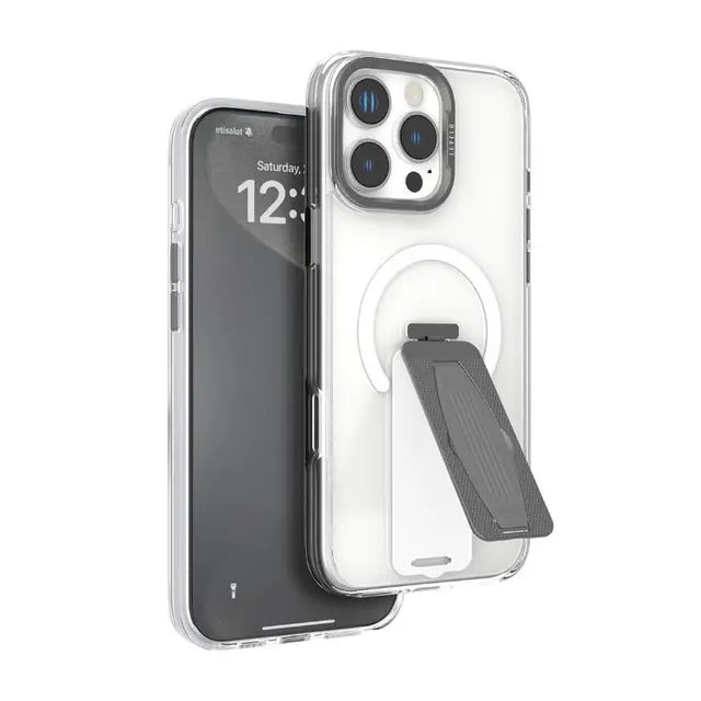 Levelo Morphix Magsafe Grip Case for iPhone 16 ProMax/Pro - Gray - كفر حماية عالية - ليفيلو - مع مسكه وستاند + ماغ سيف