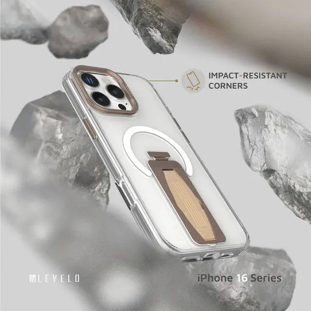 Levelo Morphix Magsafe Grip Case for iPhone 16 ProMax/Pro - Rose Gold Titanium - كفر حماية عالية - ليفيلو - مع مسكه وستاند + ماغ سيف