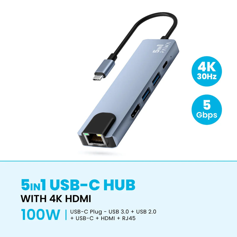 Pawa 5IN1 USB-C HUB WITH 4K HDMI - وصلة تايب سي - 5 في 1 - لاجهزة الايباد برو والماك بوك - متعددة الاستخدام - كفالة 12 شهر