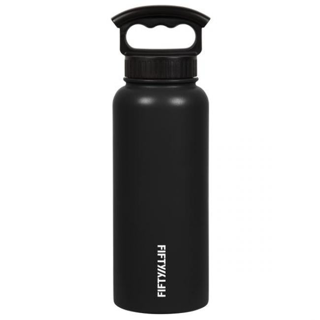 Fifty Fifty Vacuum Insulated Bottle 3 Finger Lid 1L (Matte Black) [C] - مطارة حافظة للحرارة + مسكه