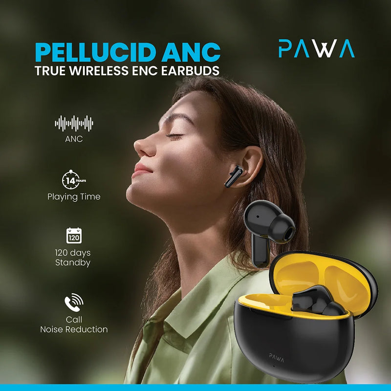 Pawa Pellucid ANC True Wireless Earbuds - Black/Yellow - سماعة باوا - بلوتوث -