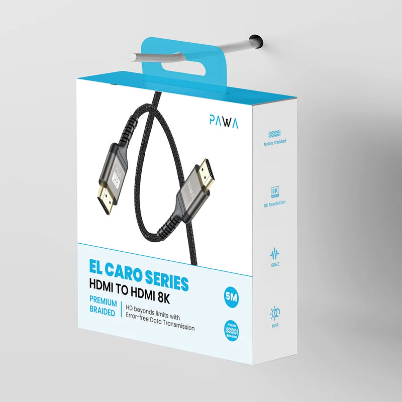 Pawa El-Caro Series Braided HDMI to HDMI 8K Cable - 5 Meter / Black - كيبل تلفزيون - متوفر بطول 1 متر\2\3\5 متر