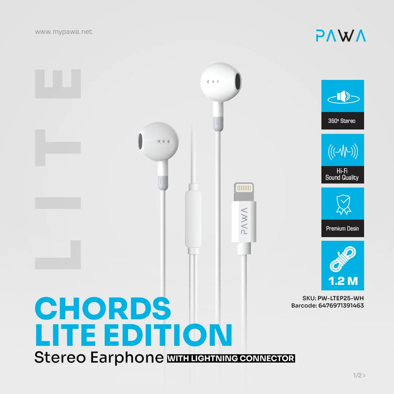 PAWA Lightning Connector Stereo Earphone(1.2m/4ft) - سماعة اذن - مع مايكروفون - أيفون ( لايتنينج ) - كفالة 12 شهر