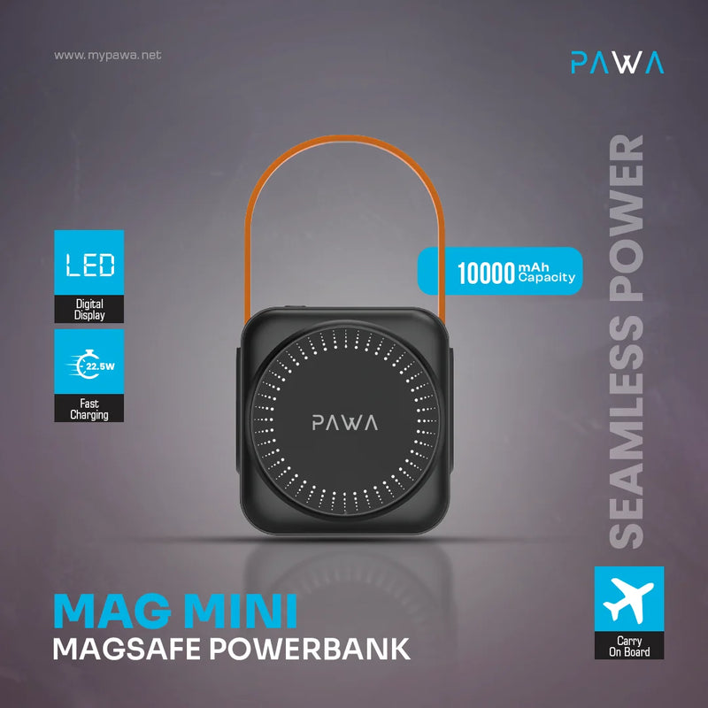 PAWA Mag Mini Magsafe Powerbank 10000mAh Black - بطارية متنقلة - باوا - سعة 10000 + تايب سي - مع ماغ سيف - كفالة 24 شهر