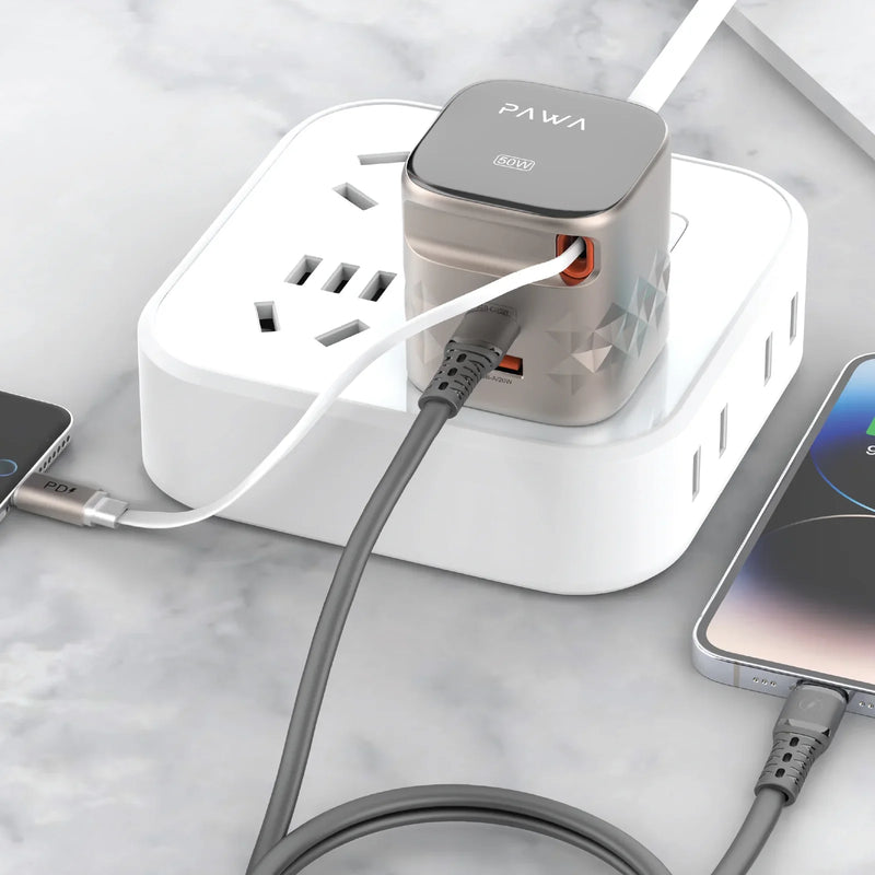 PAWA Dual Port | TYPE-C RETRACTABLE CABLE GaN Charger 50W - Titanium & Black - بلاك حائط شحن - 2 فتحتين للشحن السريع - 1 فتحة تايب سي + 1 فتحة يو اس بي - قوة 50 واط  مع كيبل تايب سي - كفالة 24 شهر