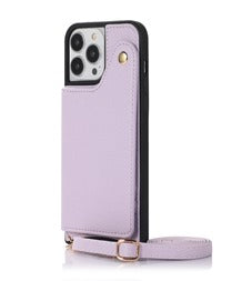 Purple Wallet Leather Case with Mirror, Card Slot and Lanyard - كفر مع مراية ومكان للبطاقات وخيط علاقة