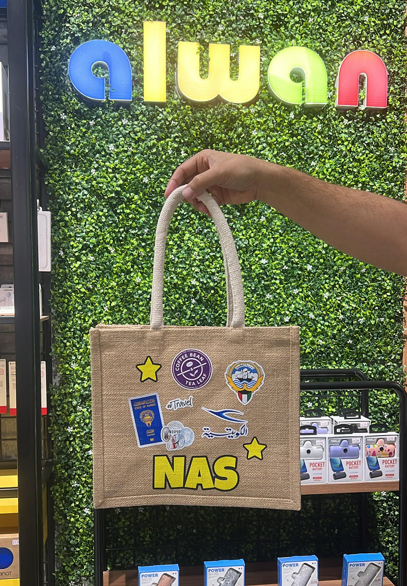 Noufa Tote bag + Stars Strap - حقيبة بتصميم خاص مع صور وعبارات من اختياركم حسب الرغبة + ستراب نجوم - سيتم التواصل معاكم لإرسال الصور