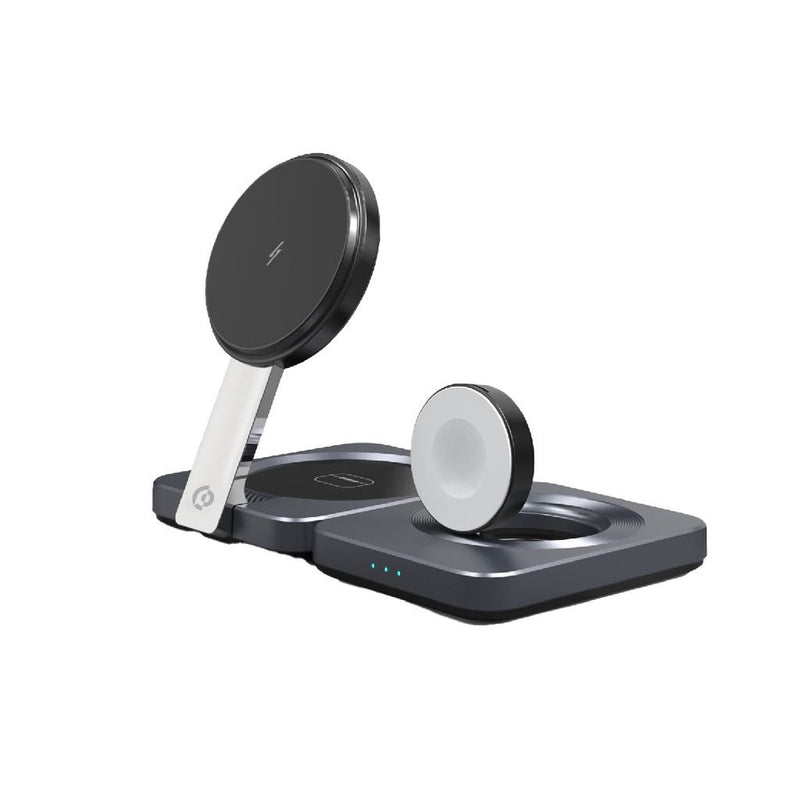 Powerology 3-in-1 Foldable Magnetic Wireless Charger - Black [O] - ستاند شحن - 3 في 1 خاصية الشحن السريع - شحن الايفون + الساعة + السماعة - كفالة 12 شهر