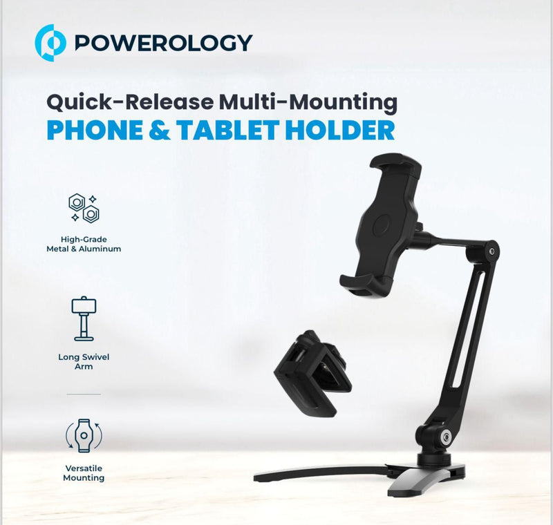 Powerology Adjustable Long Arm 360° Rotatable Suction Phone Holder - Black [O] - ستاند - لجميع انواع الايباد والاجهزة اللوحية والهواتف - متعدد الاوضاع - باورولوجي