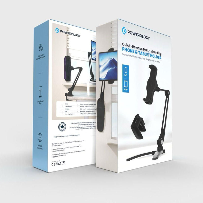 Powerology Adjustable Long Arm 360° Rotatable Suction Phone Holder - Black [O] - ستاند - لجميع انواع الايباد والاجهزة اللوحية والهواتف - متعدد الاوضاع - باورولوجي