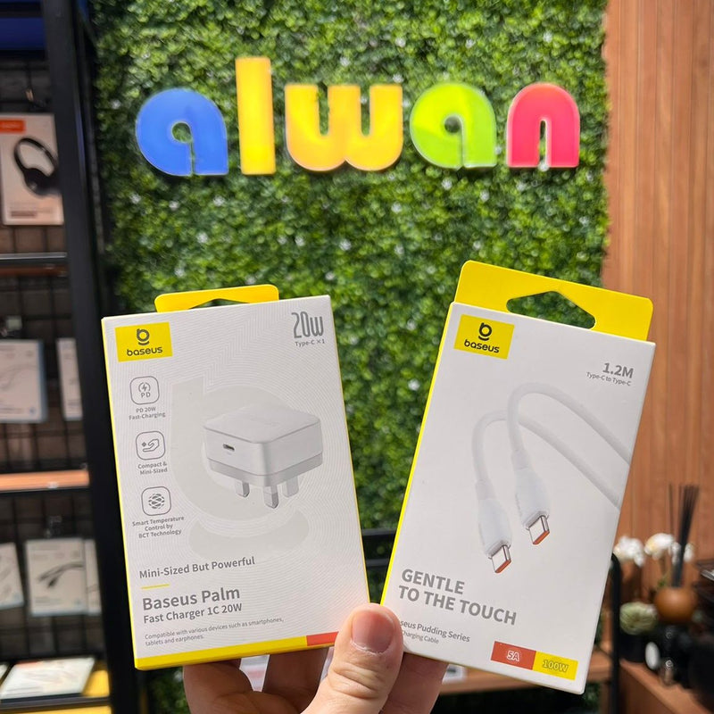 Offer Baseus (Baseus Palm 20W PD Type-C Fast Charging Wall Charger + Baseus Pudding Series Fast Charging Cable Type-C to Type-C 100W 5A 1.2M - White - عرض - بيسوس - بلاك شاحن تايب سي قوة 20 واط + سلك شحن تايب سي قوة 100 واط - كفالة 12 شهر