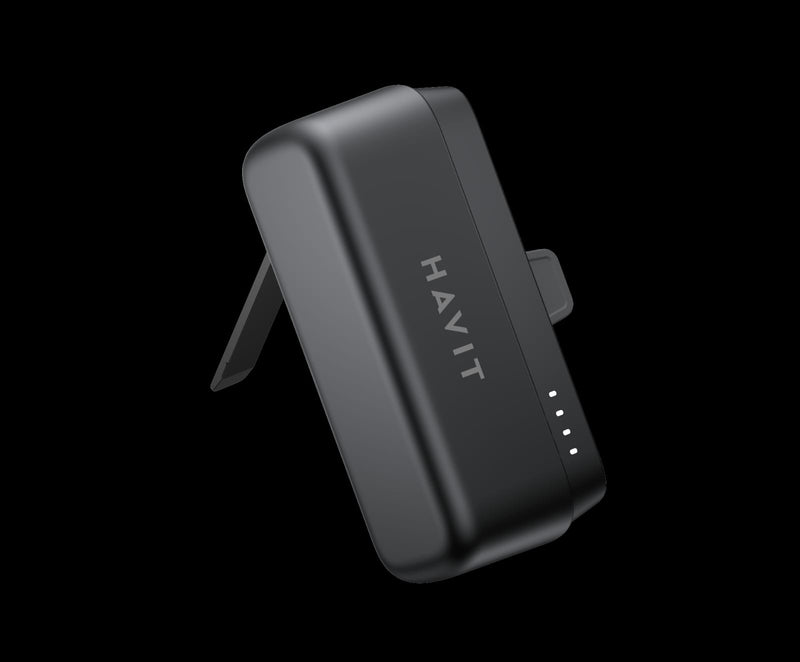 Havit Power Bank 5000mAh Portable Charging Mini Capsule Power Bank Mobile Phone 18W Power Banks - Black - بطارية متنقلة + ستاند - مع شاحن تايب سي - متوافق مع اجهزة الاندرويد واجهزة ايفون الحديثة - كفالة 24 شهر