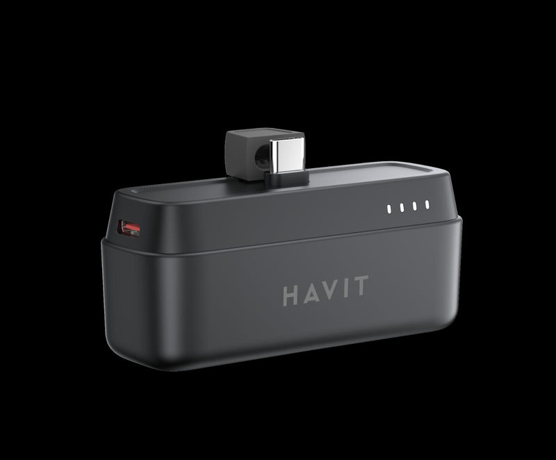 Havit Power Bank 5000mAh Portable Charging Mini Capsule Power Bank Mobile Phone 18W Power Banks - Black - بطارية متنقلة + ستاند - مع شاحن تايب سي - متوافق مع اجهزة الاندرويد واجهزة ايفون الحديثة - كفالة 24 شهر