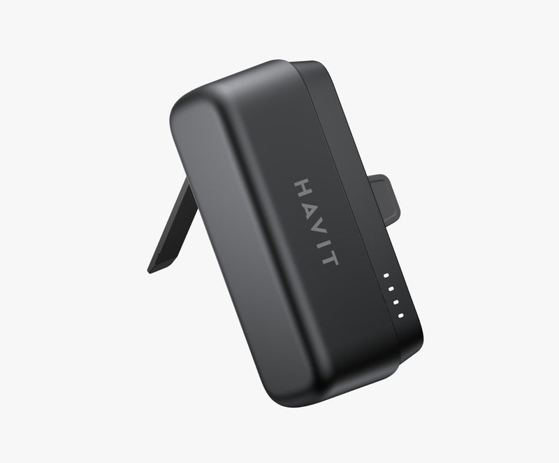 Havit Power Bank 5000mAh Portable Charging Mini Capsule Power Bank Mobile Phone 18W Power Banks - Black - بطارية متنقلة + ستاند - مع شاحن تايب سي - متوافق مع اجهزة الاندرويد واجهزة ايفون الحديثة - كفالة 24 شهر