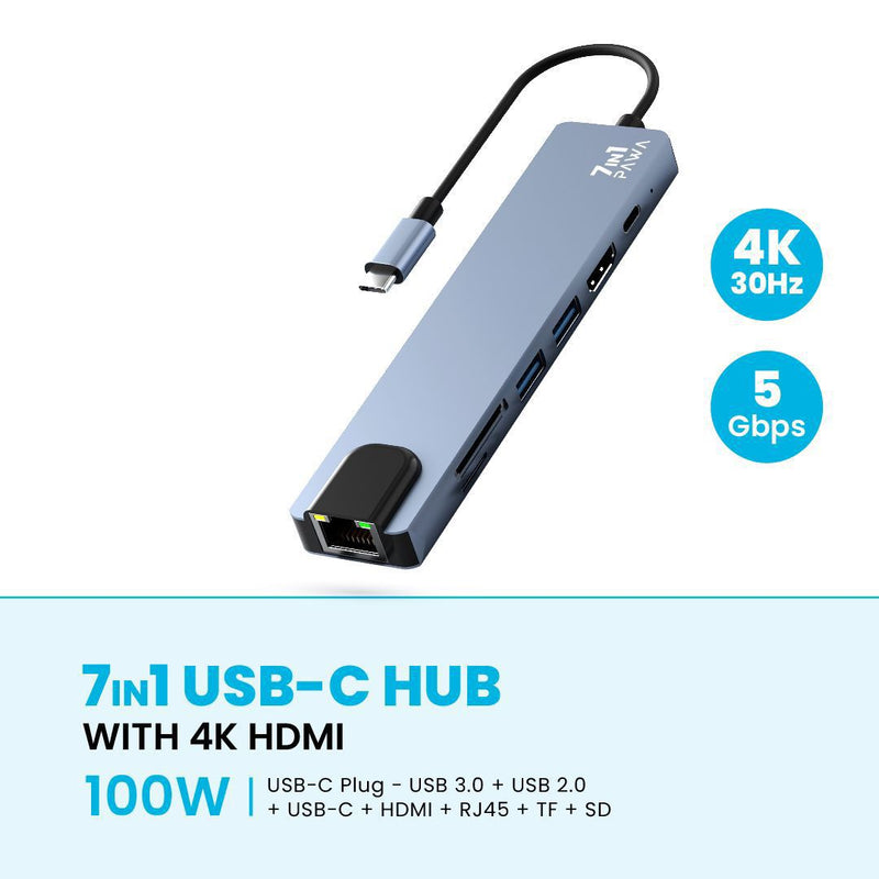 Pawa 7IN1 USB-C HUB WITH 4K HDMI [O] - وصلة تايب سي - 7 في 1 - لاجهزة الايباد برو والماك بوك - متعددة الاستخدام - كفالة 12 شهر