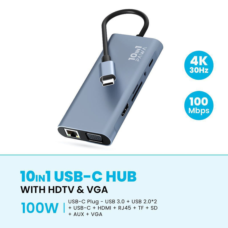 Pawa 10IN1 USB-C HUB WITH 4K HDTV & VGA [O] - وصلة تايب سي - 10 في 1 - لاجهزة الايباد برو والماك بوك - متعددة الاستخدام - كفالة 12 شهر