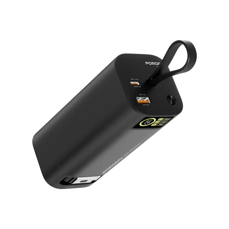 Porodo 20000mAh 130W Power Bank 1M Retractable Type-C Cable - Black [O] - بطارية متنقلة - برودو - سعة 20000 - سلك شاحن تايب سي - 1 منفذ تايب سي - 1 منفذ يو اس بي - شاشة رقمية - قوة 130 واط - كفالة 24 شهر