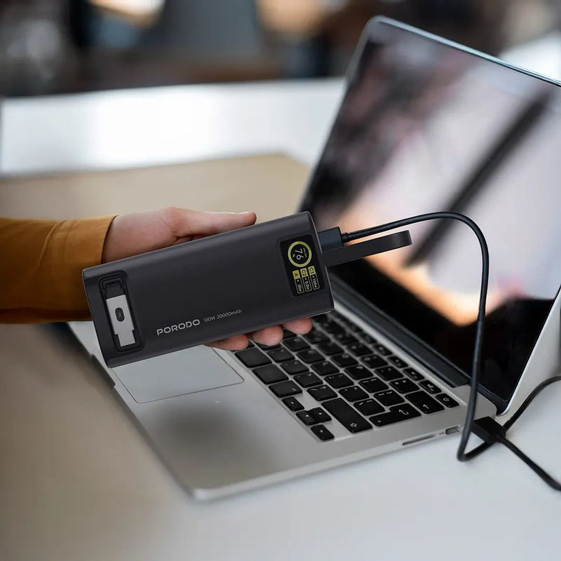 Porodo 20000mAh 130W Power Bank 1M Retractable Type-C Cable - Black [O] - بطارية متنقلة - برودو - سعة 20000 - سلك شاحن تايب سي - 1 منفذ تايب سي - 1 منفذ يو اس بي - شاشة رقمية - قوة 130 واط - كفالة 24 شهر