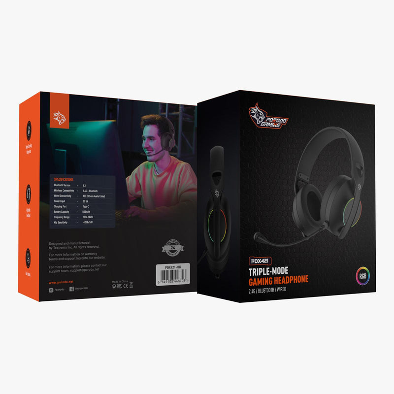 Porodo Gaming Triple-Mode Gaming Headphone [O] سماعة رأس بورودو - مناسبة لألعاب الفيديو قيمز - مع اضاءة جانبية - كفالة 12 شهر