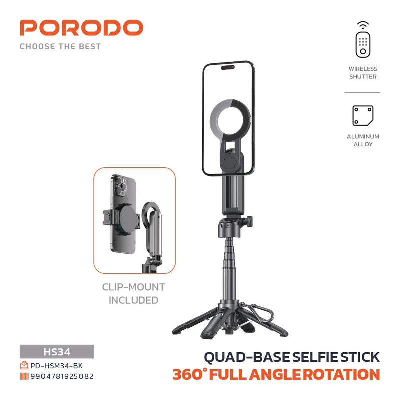 Porodo Quad Base Selfie Stick Handheld Camera Grip - ستاند تصوير + عصا سيلفي - لجميع انواع الاجهزة - ماغ سيف - بورودو