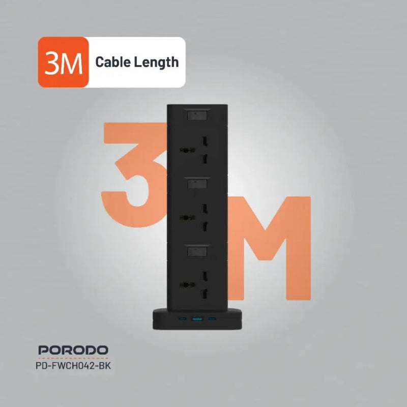 Porodo  Three-Story 12AC Power Hub  With USB-C PD & Quick Charge 3.0 [O] - موزع شاحن حائط - 12 فتحات للكهرباء - 1 فتحات يو اس بي - 2 فتحة تايب سي - طول 3 متر - 12 في 1 - كفالة 12 شهر