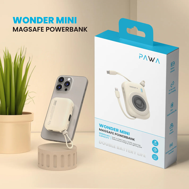 Wonder Mini Magsafe Powerbank | Beige [O] - بطارية متنقلة - باوا - سعة 10000 - سلك شاحن ايفون + تايب سي - مع ماغ سيف - كفالة 24 شهر