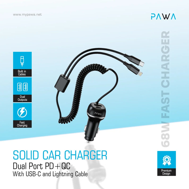Solid Car Charger Dual Port PD+QC With USB-C and Lightning Cable [O] - شاحن ولاعة مع كيبل تايب سي  ايفون - باوا - اسود - كفالة 12 شهر