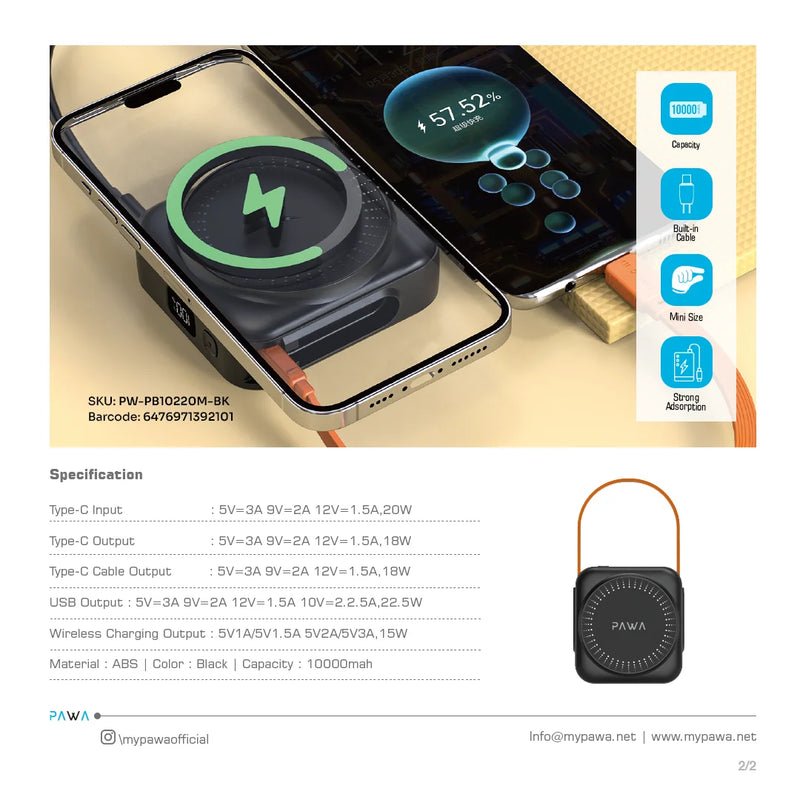 PAWA Mag Mini Magsafe Powerbank 10000mAh Black - بطارية متنقلة - باوا - سعة 10000 + تايب سي - مع ماغ سيف - كفالة 24 شهر