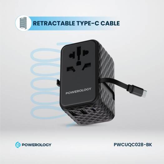 Powerology GaN 20W PD Universal Adapter Retractable Type-C Cable - Black [O] - بلاك حائط شحن دولي - 3 فتحات للشحن - 1 فتحات تايب سي + 2 فتحة يو اس بي - قوة 20 واط  مع كيبل تايب سي - كفالة 24 شهر