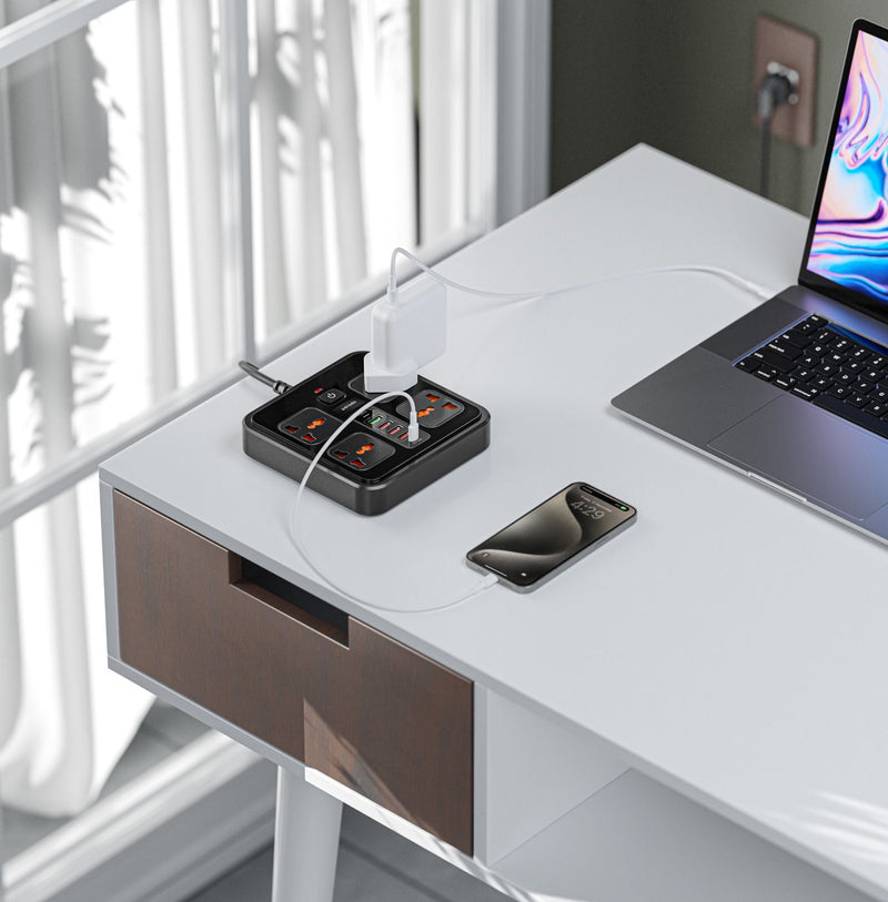 Porodo Multi-Port Super HUB 2 USB-C/ 4 USB-A Universal AC Sockets 3M - موزع بلاك حائط - بورودو - 6 مخارج للشحن + 4 فتحات للكهرباء