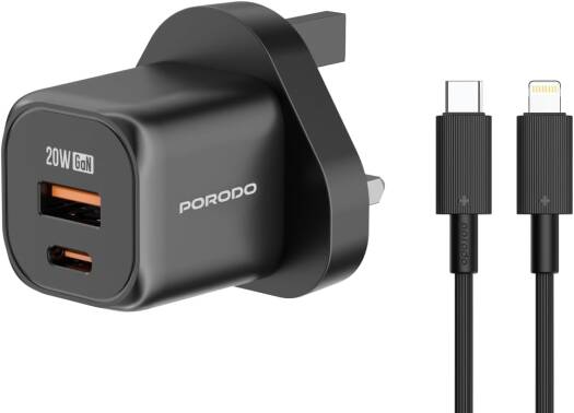 Porodo PD 20W USB QC3.0 UK Fast Charger with C to Lightning Cable - بلاك شاحن حائط + سلك شحن ايفون - بورودو - كفالة 12 شهر