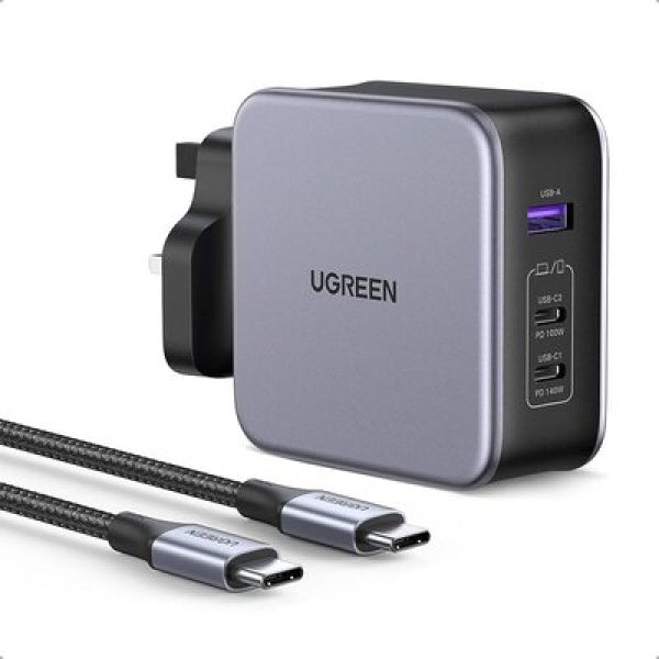 UGREEN GaN Fast Charger 140W with Cable [B] - بلاك حائط شحن - قوة 140 واط - يوجرين - 3 فتحات للشحن - 2 فتحات تايب سي + 1 فتحة يو اس بي + سلك شحن تايب سي - كفالة 12 شهر