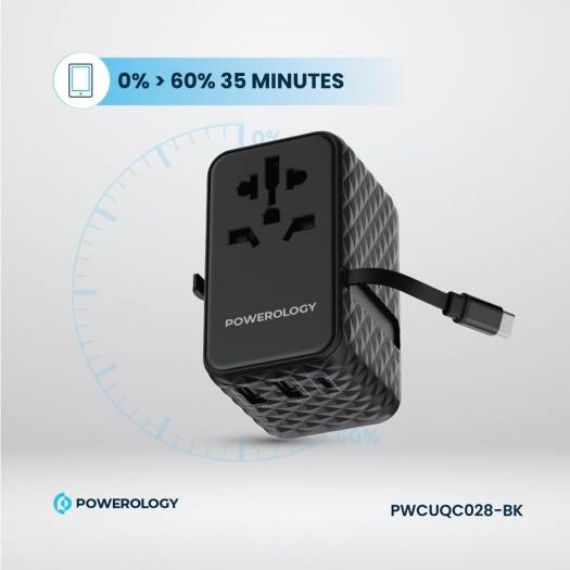 Powerology GaN 20W PD Universal Adapter Retractable Type-C Cable - Black [O] - بلاك حائط شحن دولي - 3 فتحات للشحن - 1 فتحات تايب سي + 2 فتحة يو اس بي - قوة 20 واط  مع كيبل تايب سي - كفالة 24 شهر