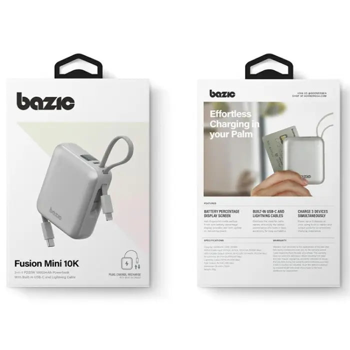 Bazic Fusion 3in1 PowerBank 10000mAh USB-C/Lightning -  Vanilla بطارية متنقلة - بيزك - قوة 10000 - سلك شاحن أيفون + تايب سي - 1 منفذ تايب سي - شاشة رقمية - كفالة 24 شهر