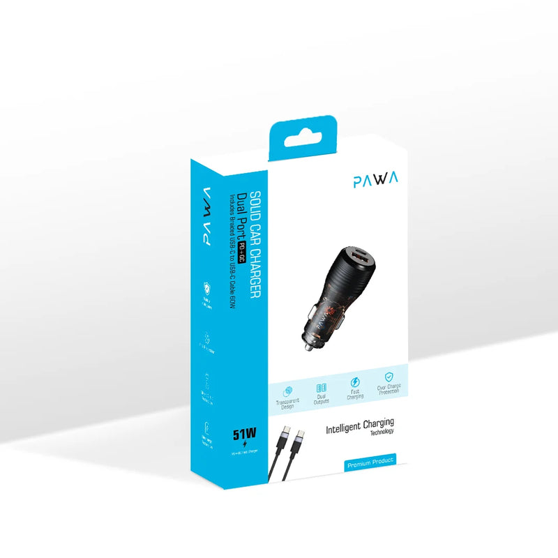 PAWA Car Charger Dual Port PD+QC Includes Braided USB-C to USB-C Cable 60W - شاحن سيارة + سلك شحن تايب سي - باوا  - منفذ يو اس بي + تايب سي  - كفالة 12 شهر