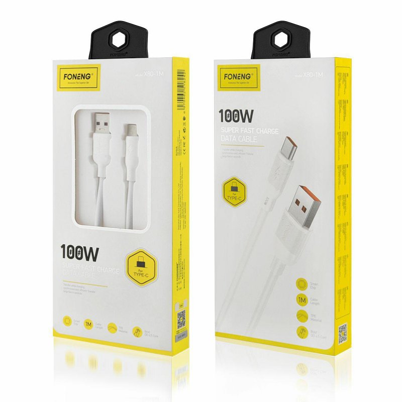 Foneng X80 C to USB Type-C Cable, 100W Power Delivery, 1 Meter (White) - سلك شحن - تايب سي - 100 واط - 1 متر - كفالة 12 شهر