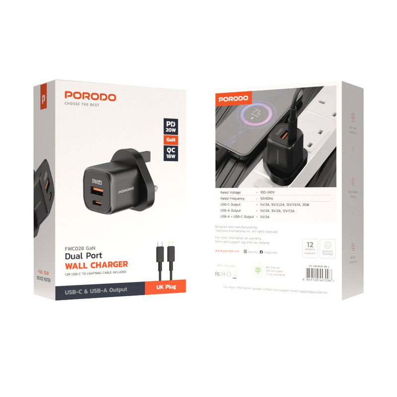 Porodo PD 20W USB QC3.0 UK Fast Charger with C to C Cable - Black - بلاك شاحن حائط + سلك شحن تايب سي -بورودو - كفالة 12 شهر