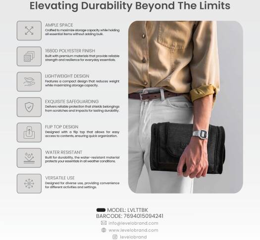 Levelo Trousse Toiletry Bag, Water-Resistant - حقيبة سفر منظمة -  مقاومة لرذاذ الماء