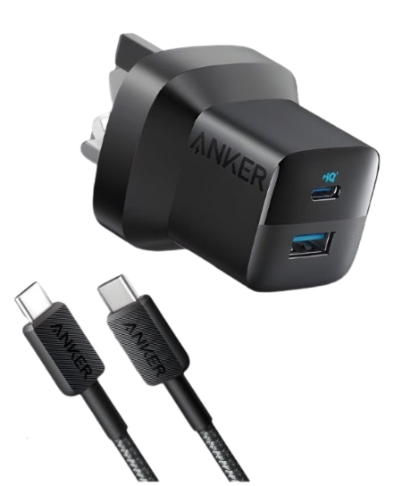 Anker 323 Charger with 322 USB-C to USB-C Cable (33W , 3ft) - Black - شاحن حائط - تايب سي - انكر - 33 واط - سلك شحن تايب سي - خاصية الشحن السريع - كفالة 18 شهر - مناسب لاجهزة أيفون 15