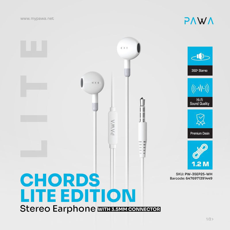 Pawa Lite Series Chords Earphone With 3.5MM Connector [O] - سماعة اذن - مع مايكروفون - كفالة 12 شهر