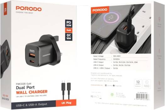 Porodo PD 20W USB QC3.0 UK Fast Charger with C to Lightning Cable - بلاك شاحن حائط + سلك شحن ايفون - بورودو - كفالة 12 شهر