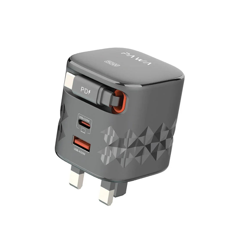 PAWA Dual Port | TYPE-C RETRACTABLE CABLE GaN Charger 50W - Black - بلاك حائط شحن - 2 فتحتين للشحن السريع - 1 فتحة تايب سي + 1 فتحة يو اس بي - قوة 50 واط  مع كيبل تايب سي - كفالة 24 شهر