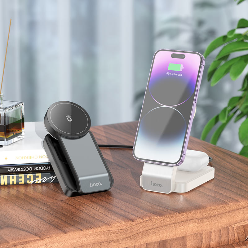 Hoco Wireless charger “CQ3 Noble” folding magnetic [H] - ستاند شحن - 3 في 1 خاصية الشحن السريع - شحن الايفون + الساعة + السماعة - كفالة 12 شهر